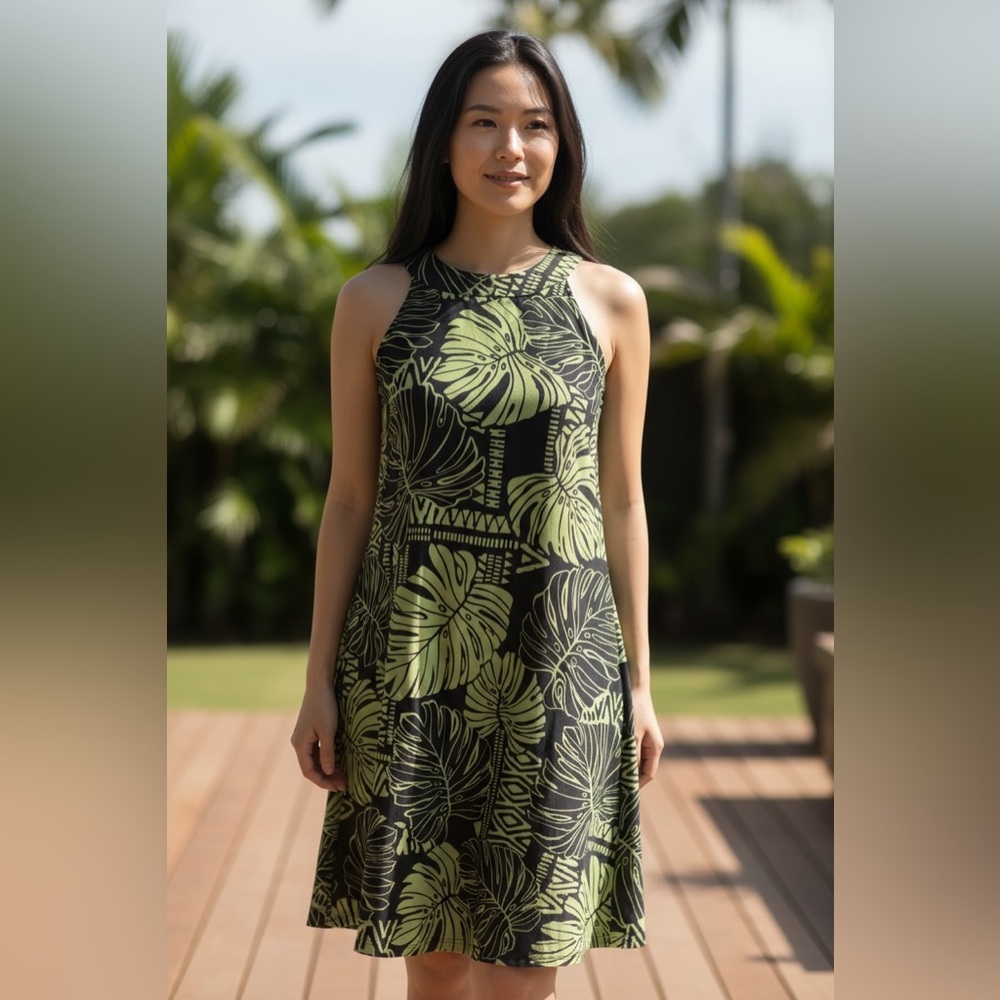 RJC Hawaiian Halter Dress Small Green Monstera Leaf Made in Hawaii NWT